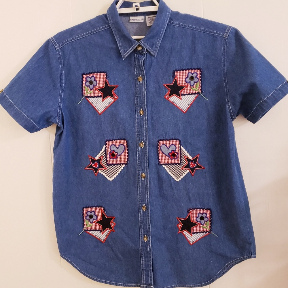 VTG Women Denim Camp Shirt Large Short Sleeve Red White Blue Patriotic